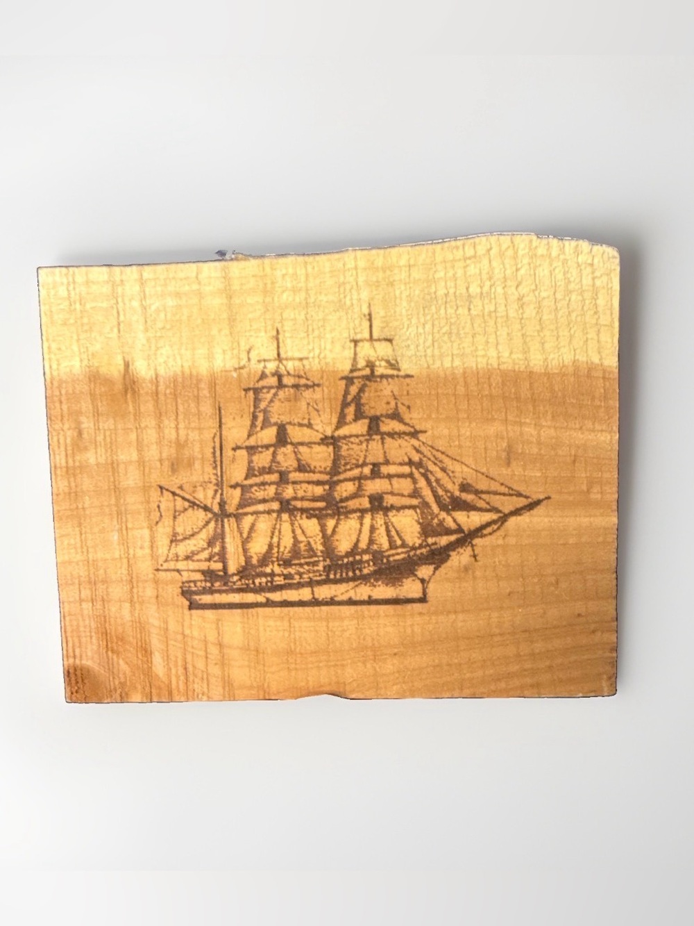 Vintage Hand Engraved Wood Plaque Block Nautical Pirate Sailing Ship Design